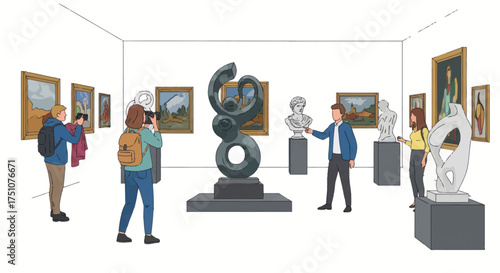 Modern Art Museum Interior Featuring Sculptures and Visitors.