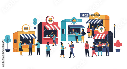 Colorful street food festival illustration with diverse food kiosks vendors and customers enjoying outdoor dining.