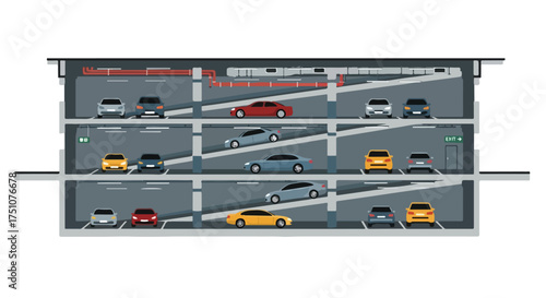 Urban vehicular storage illustration depicting a multi-story parking structure filled with various automobile models in a minimalistic style