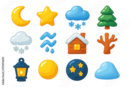 Cartoon weather and nature icons set for seasonal themes