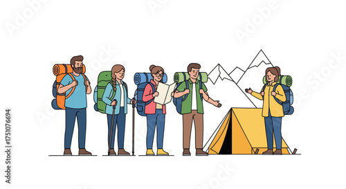 Diverse group of hikers with backpacks and tent preparing for mountain adventure.