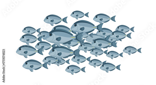 School of fish illustration creating a sense of the ocean's rhythmic movement and unity with vibrant digital art emphasizing collective motion in a