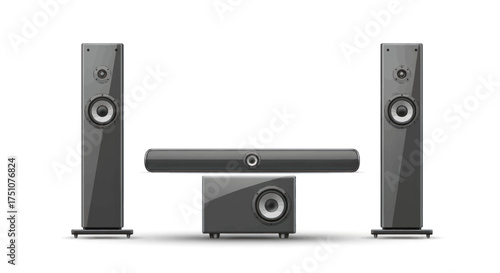 Modern black home theater audio system with tower speakers a soundbar and a subwoofer.