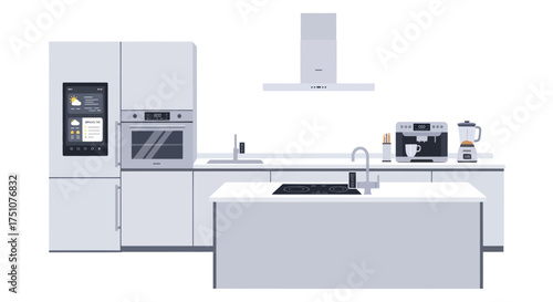 Modern White Kitchen with Sleek Appliances and Island.