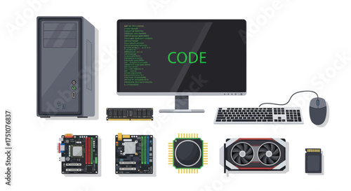 Modern Desktop Computer Hardware Components and Peripherals for Coding.