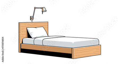 Modern Wooden Bed with White Linens and Adjustable Wall Lamp.