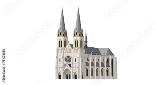 Detailed architectural rendition capturing the grandeur of a gothic cathedral facade, showcasing intricate stonework and imposing spires in a