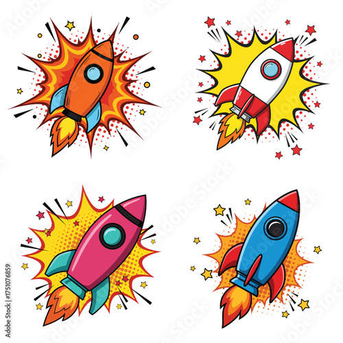 fun burst pop art rocket vector collection hand-drawn flat solid colorful comic style clip art on white background