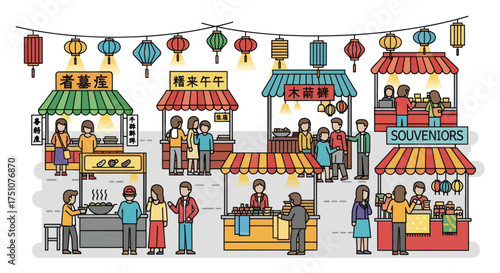 Colorful Illustration of a Busy Asian Street Market Scene.