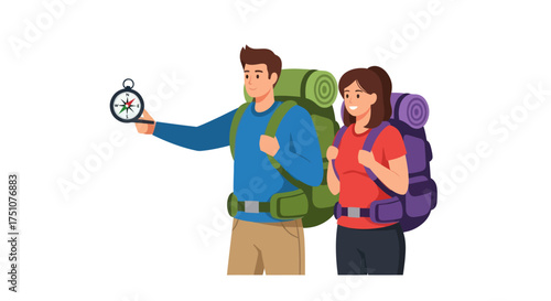 Hiking Couple with Backpacks and Compass on an Adventure.