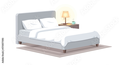 Comfortable Bed with Pillows and Nightstand Lamp Illustration.