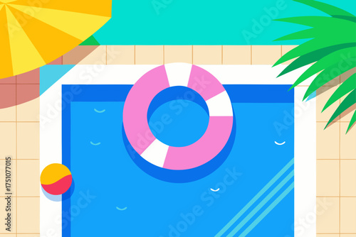 Overhead view of a swimming pool with floatation ring on transparent background