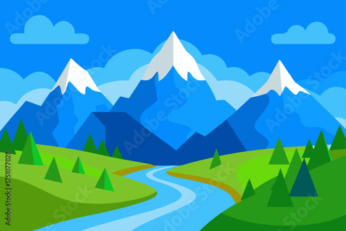 Landscape with mountains river and trees illustration on transparent background