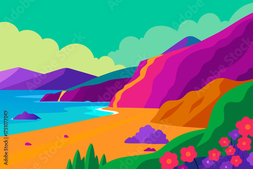 Colorful landscape with beach mountains and flowers on transparent background