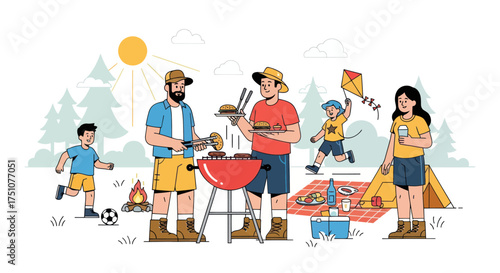 Family and friends enjoying an outdoor barbecue picnic and camping trip.