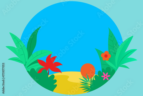 Tropical scene with flowers and lush green leaves on transparent background