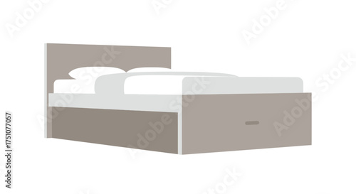 Modern upholstered bed with headboard and white bedding.
