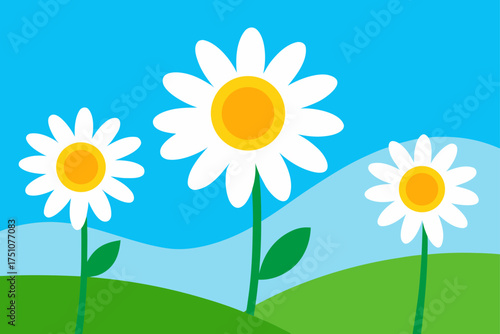 Three daisies in a field under a blue sky cartoon on transparent background