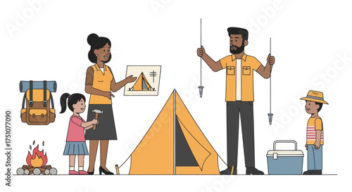 Family setting up a tent for camping adventure with supplies.