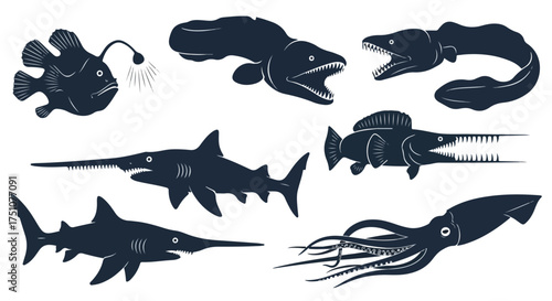 Collection of dark silhouettes of sea creatures including fish eels sharks and an octopus on a white backdrop