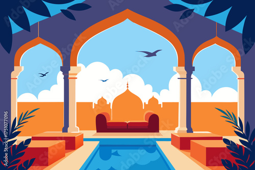 Illustration of a courtyard with a pool and arches on transparent background