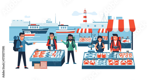 Vibrant Fish Market Scene with Vendors and Tourists by the Sea.