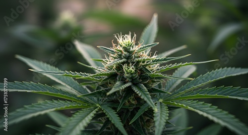 Close-up of a flowering cannabis plant with detailed trichomes and green leaves