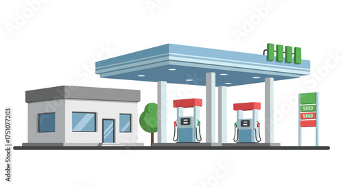 A Stylized Gas Station Illustration with Minimalist Design and Clean Lines Highlighting Contemporary Energy