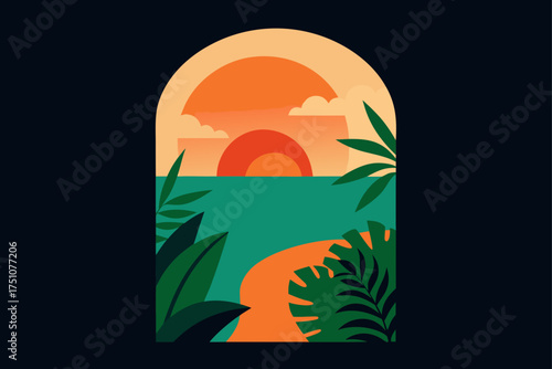 Tropical sunset scene with plants and ocean view on transparent background