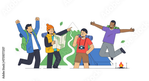 Cheerful Group of Hikers Celebrating Adventure in Mountains.