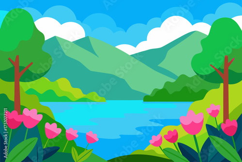 Landscape with mountains lake trees and pink flowers on transparent background