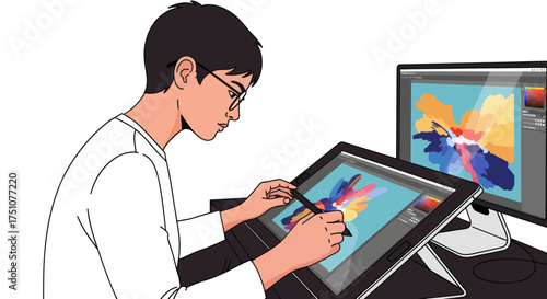 Young man with glasses digitally drawing on a tablet with stylus computer screen displays artwork.