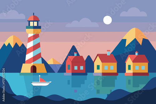 Landscape with lighthouse houses boat and mountains on transparent background