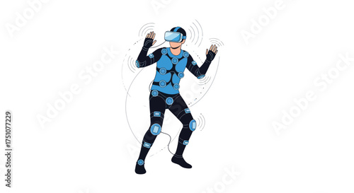 Person wearing virtual reality headset and motion capture suit actively engaged in digital experience.
