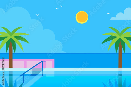 Illustration of a tropical pool with palm trees on transparent background