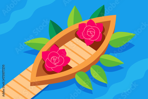 Boat with pink roses on water with green leaves on transparent background