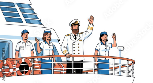 Ship Crew Waving from Deck of Cruise Liner.