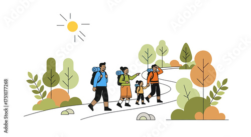 Family hiking adventure through a vibrant autumn forest landscape.