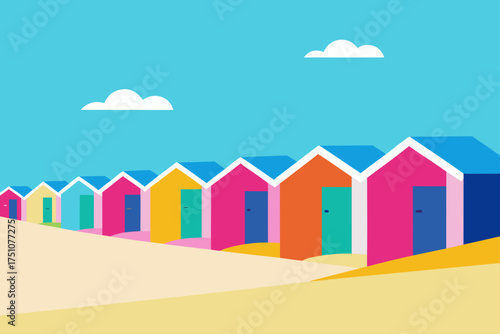 Colorful beach huts on the sand under a blue sky on transparent background