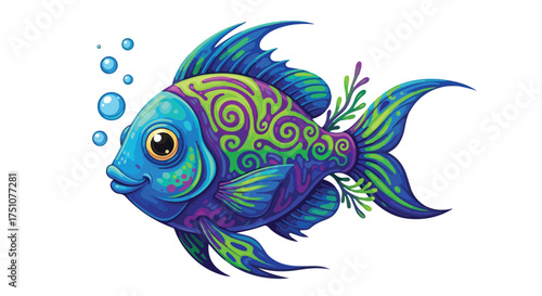 Whimsical aquatic friend with swirling patterns, embodying cartoonish charm and vibrant hues in digital illustration