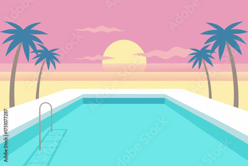Sunset scene with palm trees and a swimming pool view on transparent background
