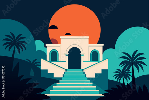 Illustration of a building with stairs and palm trees on transparent background