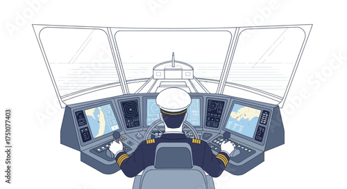 Ship Captain Navigating from the Bridge with Advanced Control Panels.