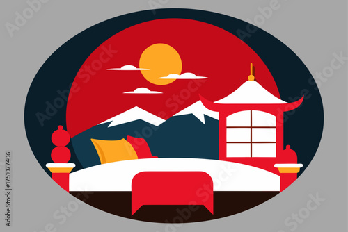 Asian landscape with bed and mountains in oval frame on transparent background