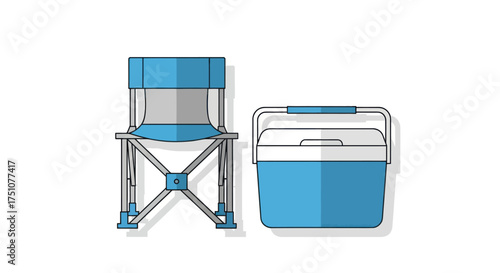 Blue Folding Camping Chair and Cooler Box for Outdoor Activities.