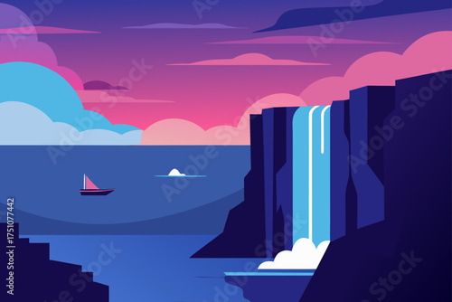 Landscape view of waterfall and boat on the water on transparent background