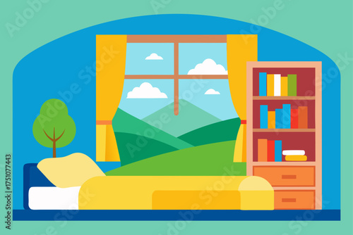 Bedroom interior with a view of green mountains on transparent background