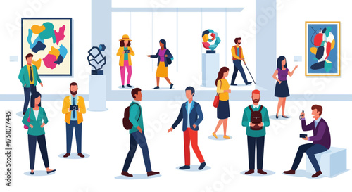 Diverse group of people admiring modern art in a brightly lit gallery.