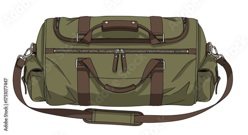Olive Green and Brown Duffel Bag Illustration: A sporty travel companion for weekend getaways and urban adventures, emphasizing practicality and