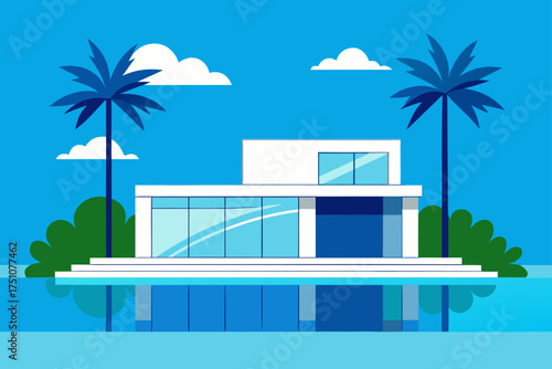 Modern house with palm trees and water reflection on transparent background